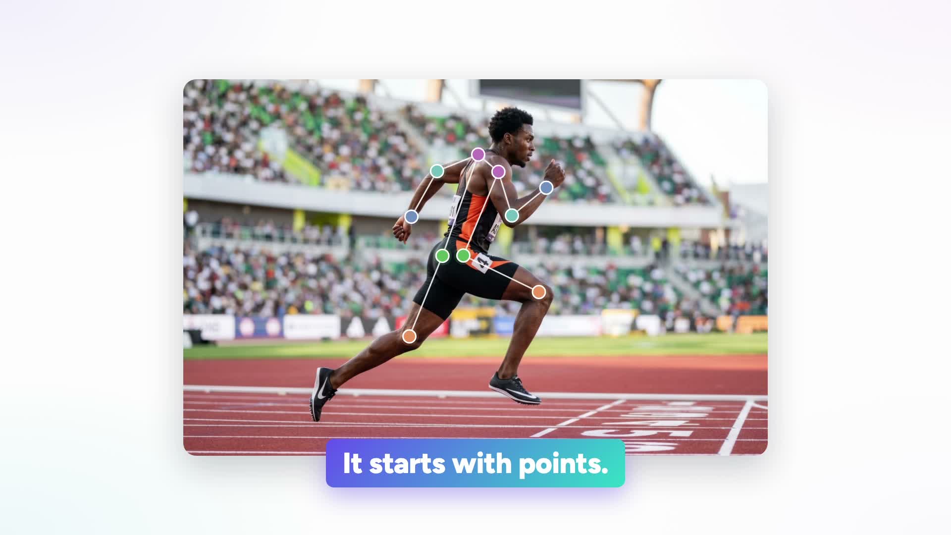 A sprinter with pose keypoints connected into a skeleton