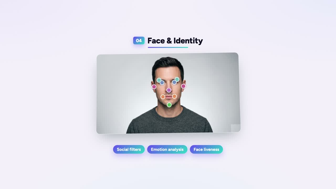 Facial landmark annotation: keypoints mapped across the eyes, nose and mouth for filters, expression and liveness.
