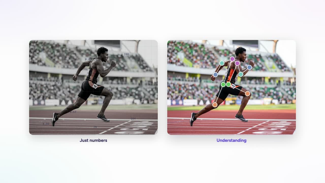 Sprint biomechanics: a runner with pose keypoints placed on the joints and connected into a skeleton.