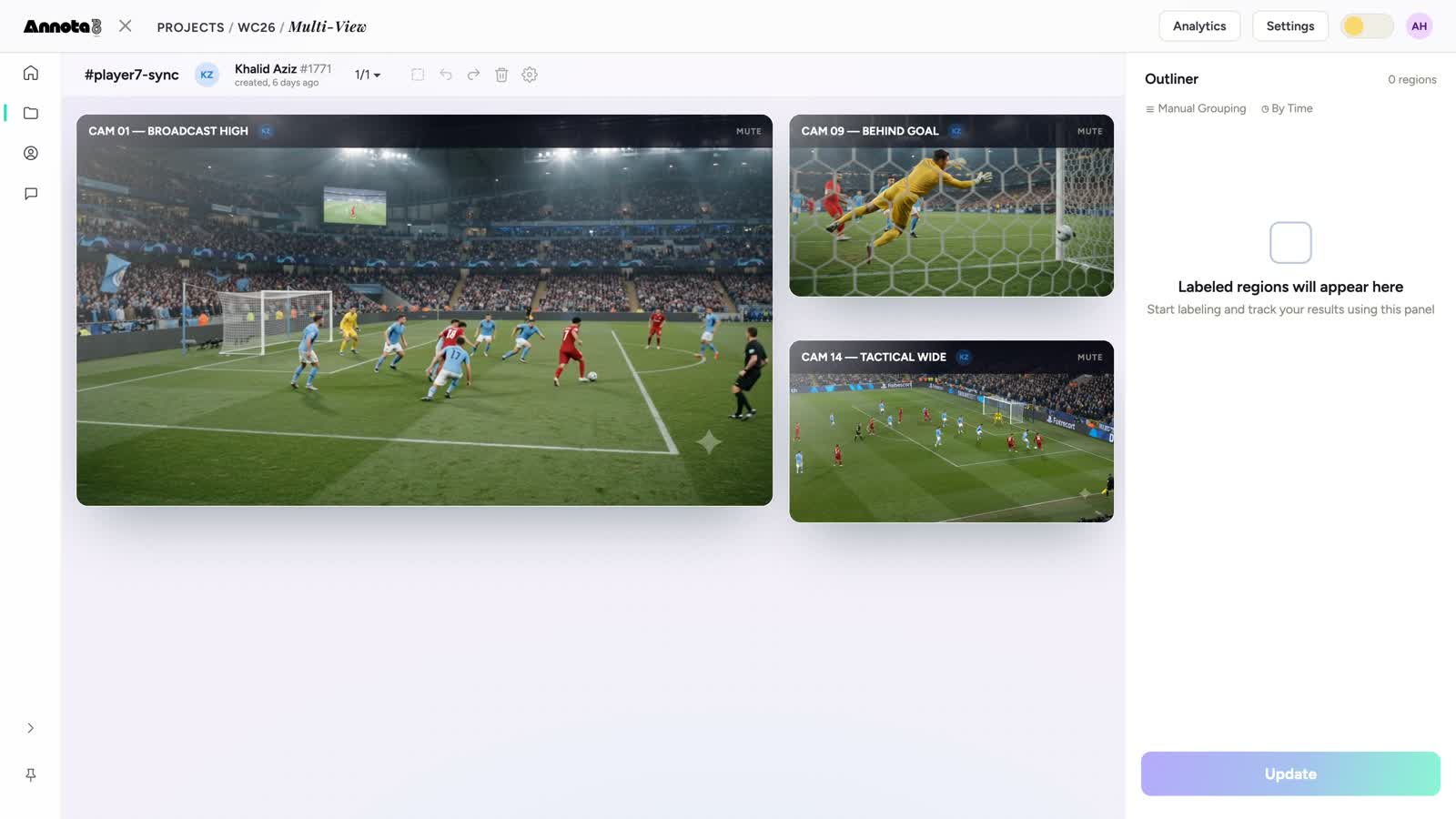 The Annota8 Annotation Engine in multi-view: the same player boxed across broadcast-high, behind-goal, and tactical-wide cameras.